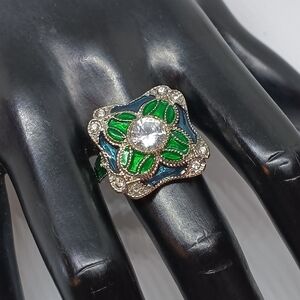 Green and Silver Floral Gem Ring White Topaz